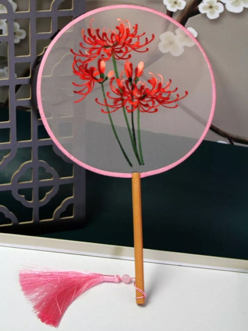 1PC Embroidered Round Circular Hand Fan Cosplay Dance Prop Chinese Vintage Style